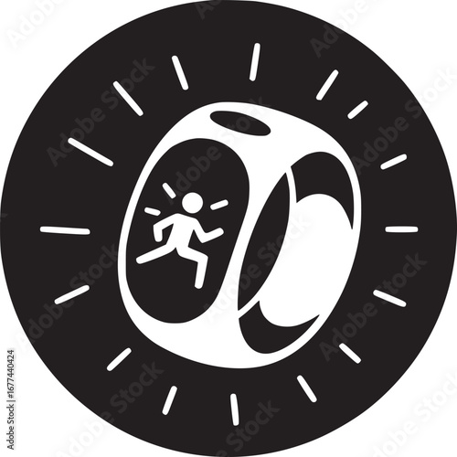 A black circle with white dashes around the edge and a white cube with a person running inside it