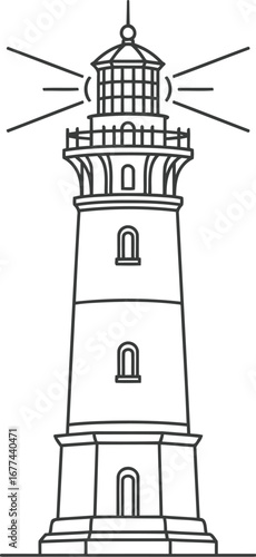 Vector art of a black and white line drawing of a lighthouse, a coastal navigation aid
