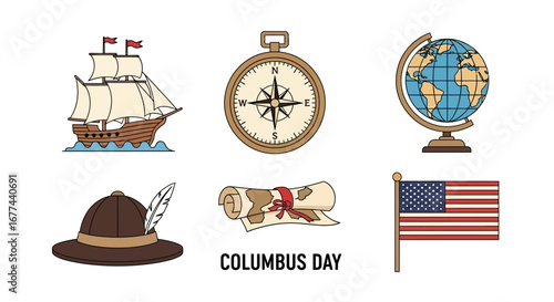 Columbus Day icons: ship, compass, globe, map, hat, flag.