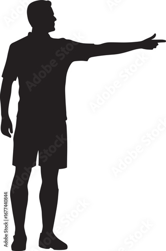 Substitution Call Referee with arm outstretched, signaling player change, silhouette illustration.