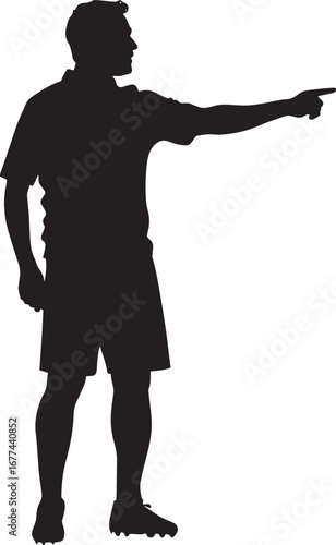 A silhouette of a referee pointing toward the penalty spot, signaling a penalty kick. full length silhouette black vector illustration