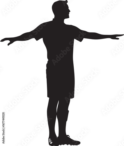 Referee with one arm extended horizontally, pointing in the direction of the free kick, full-length silhouette vector.