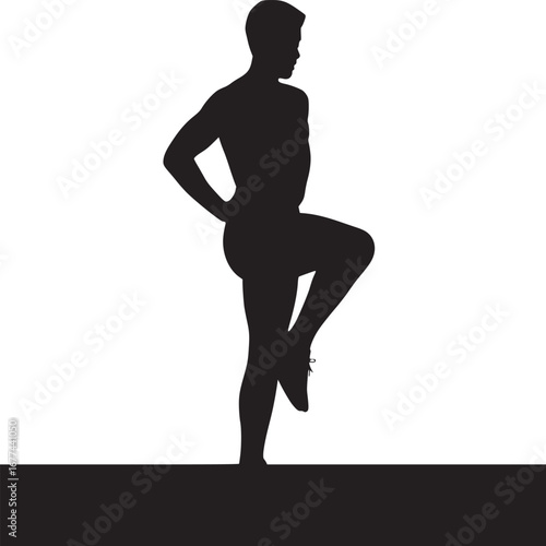 A silhouette of a man standing on one leg with the other leg raised in a white background scene
