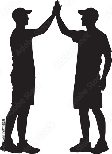 Two players giving a high five in camaraderie, full-length silhouette vector.