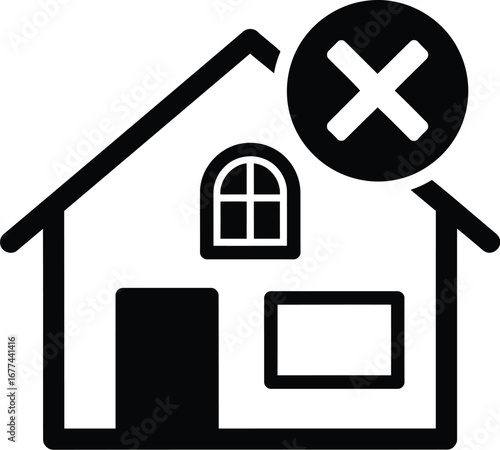 Vector art of house with cancel mark, representing rejection or invalid