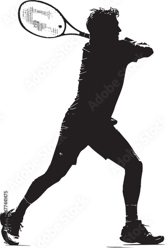 A player hitting an inside-out forehand, racket crossing the body for a deep shot, full-length silhouette vector.