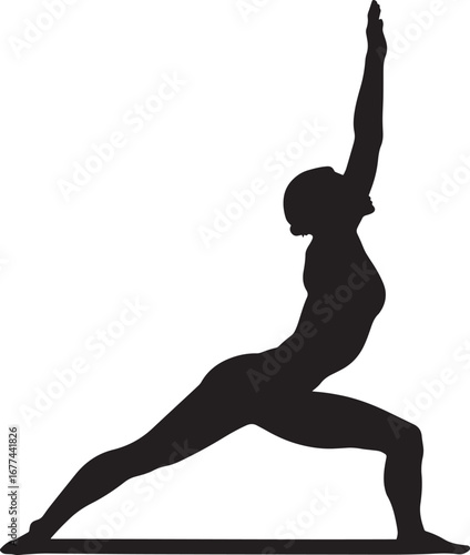 A person in a high lunge position with the back leg straight and arms reaching upward, full-length silhouette vector.
