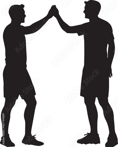 Two players sharing a high-five in celebration of a win, full-length silhouette illustration.
