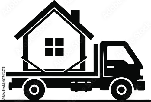 Vector art of house on a truck, symbolizing relocation, moving services, and home transportation