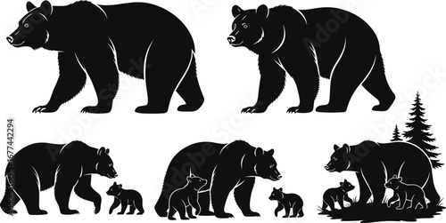 Bear family silhouette vector set with cubs, forest trees, wildlife poses, nature animal icons for outdoor, woodland design themes