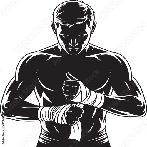 A monochrome illustration of a muscular boxer wrapping his hands in preparation for a fight or training