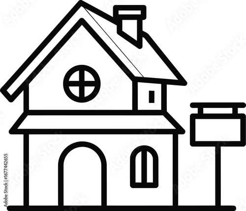 Illustration of a house with a for sale sign, representing real estate