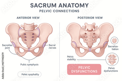 Sacrum Anatomy Pelvic Connections, Anterior and Posterior View, Pelvic Dysfunctions - Illustration