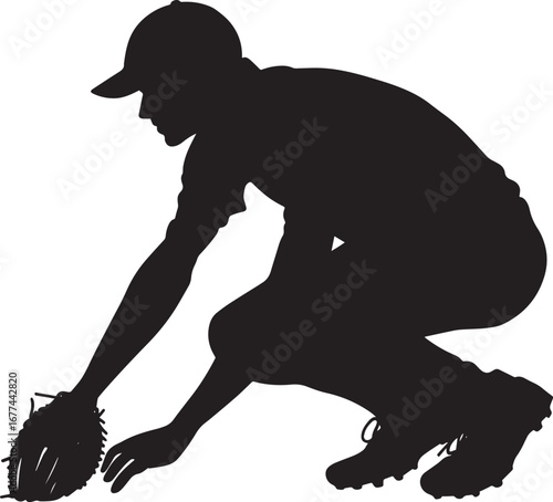 A fielder crouching low, glove extended, poised to field a ground ball, full-length silhouette black vector illustration.