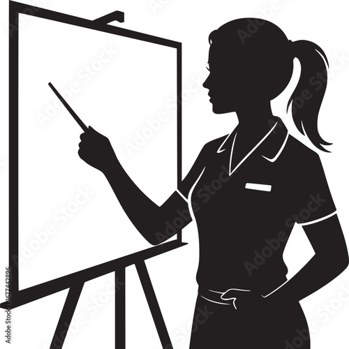 Silhouette of a woman with a pointer presenting in front of a blank whiteboard on a tripod stand