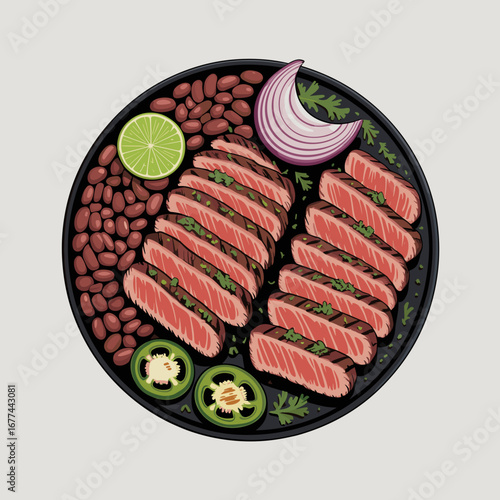 Carne Asada Platter with Beans and Grilled Vegetable Illustration