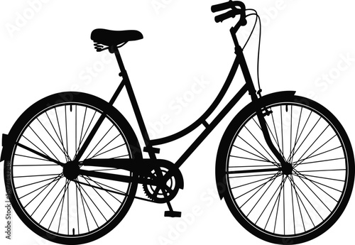 Black silhouette of city bicycle with step-through frame, fenders, and spokes for urban transport, cycling, commuting, and design use