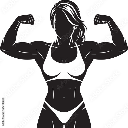 Silhouette of a muscular woman flexing her biceps wearing a sports bra and bikini bottom on white
