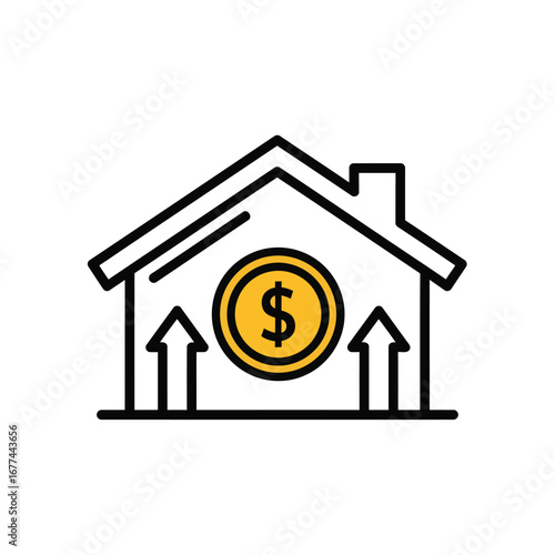 Vector art of house with rising money value, representing real estate investment