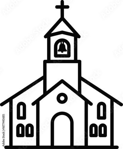Vector art of church building with cross and bell tower, representing religious architecture