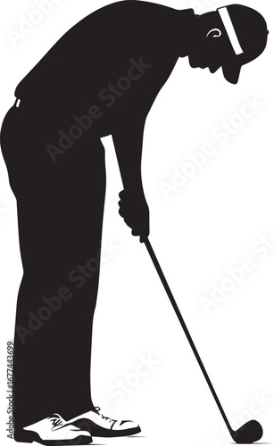 A golfer concentrating on putting, with their putter aligned to the hole.