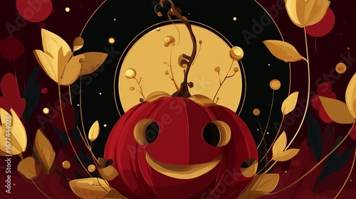 Halloween pumpkin lantern with golden leaves on a dark autumn background