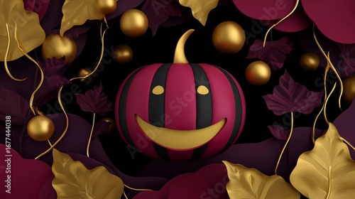 Halloween pumpkin lantern with golden leaves on a dark autumn background