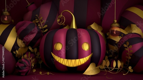 Halloween pumpkin lantern with golden leaves on a dark autumn background