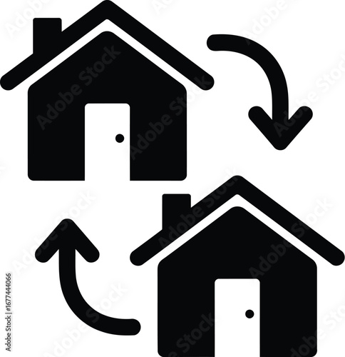 Vector art of real estate property exchange icon depicting two houses with circular arrows