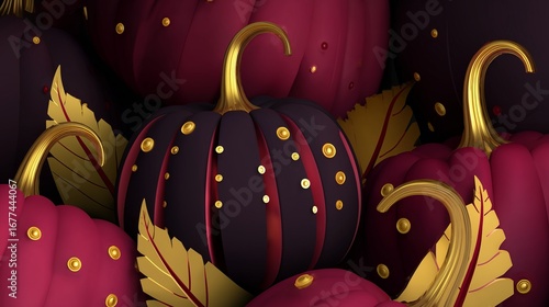 Stylized decorative pumpkins in deep red and black tones with golden accents and leaves. Luxury autumn and Halloween design, 3D render with modern artistic style.