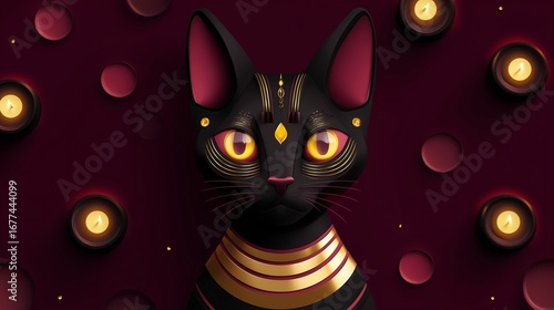 Stylized illustration of a black cat with golden eyes and jewelry, surrounded by floating candles on a dark red background. Perfect for Halloween, mysticism, or fantasy themes.