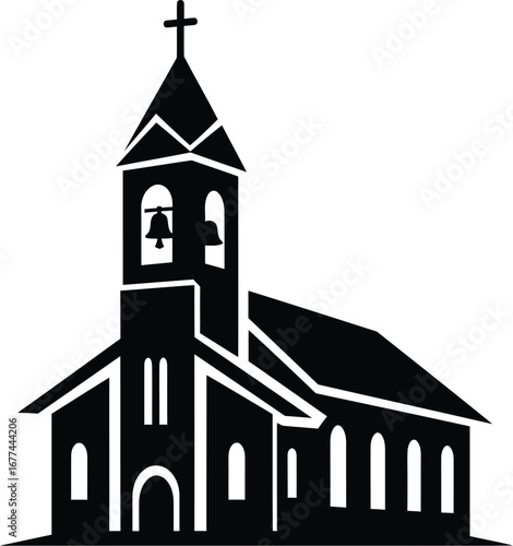 Illustration of a church building with a steeple and cross
