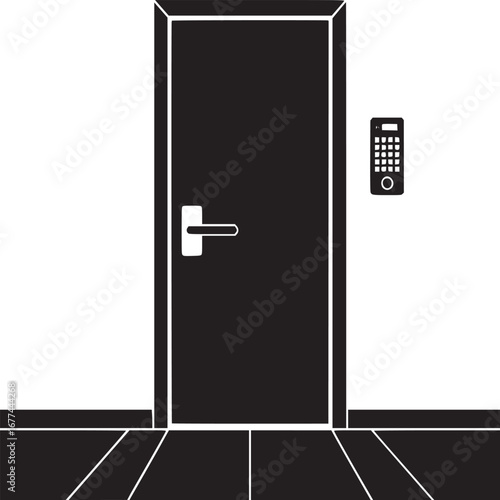 A black door with white trim and a white handle next to a keypad on a white wall with black flooring