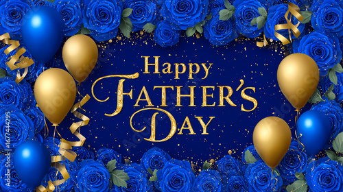 Elegant Father's Day celebration design featuring blue roses, golden balloons, and festive embellishments on a rich blue background, perfect for honoring dads