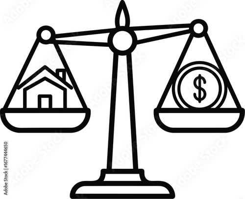 Vector art of house and money on a scale, illustrating the balance between property value and financial investment