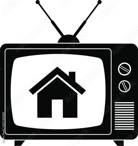 Vector art of vintage television with house on screen