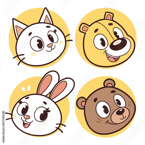 Cartoon animal faces of cat, bear, rabbit, and bear
