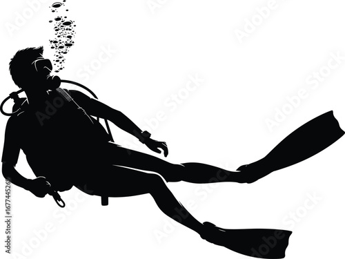 Silhouette of scuba diver swimming underwater with air bubbles and fins, wearing full diving gear and oxygen tank equipment