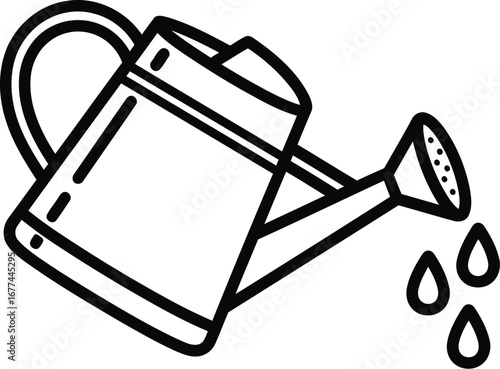Illustration of a watering can with water drops, simple and clean design