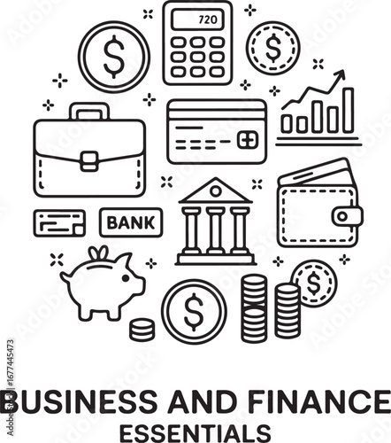 Minimal Line Art Vector Pack for Business and Finance including Briefcase Calculator Dollar Sign Credit Card Bank Piggy Bank Wallet Contract Coins and Bar Graph