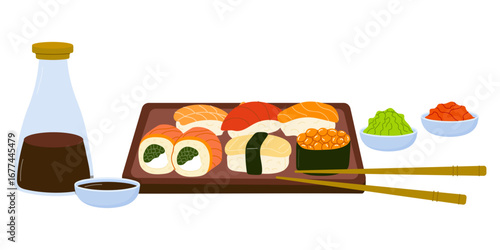 Fresh sushi platter featuring variety of rolls, sashimi, and condiments prepared for dining experience