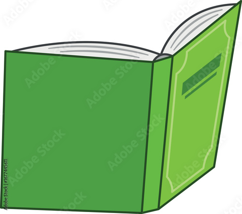 Opened book with green hardcover