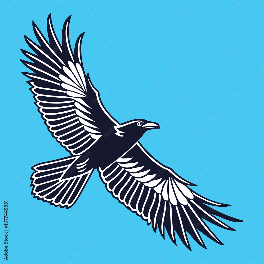 Obraz premium Flying Raven Silhouette on Blue Sky