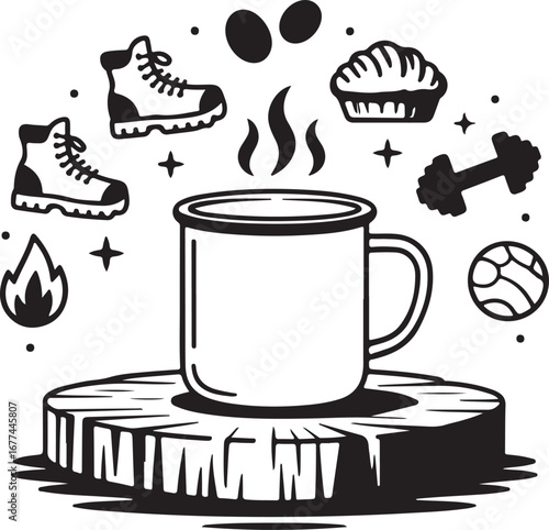 Camping Coffee Shop and Fitness Outline Icon Set with Tent Bonfire Backpack Espresso Cup Croissant Dumbbell Yoga Mat and Running Shoes