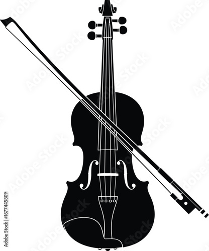 Detailed silhouette illustration of violin and bow isolated on white background, classic musical instrument for orchestra and solo performances