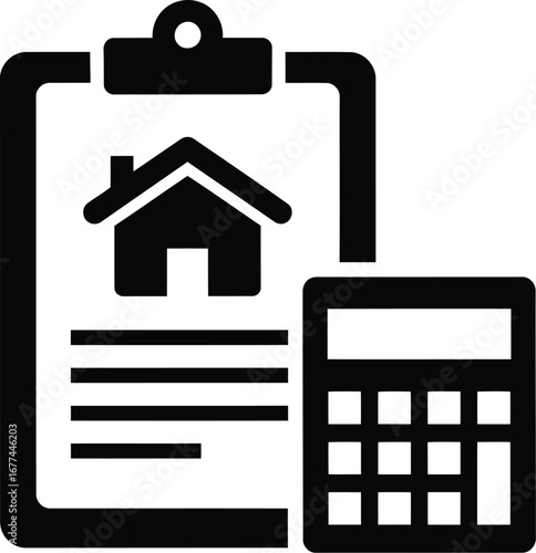 Vector art of clipboard with house icon and calculator for real estate finance