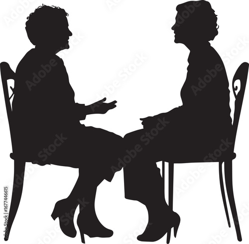Elderly woman conversing with a family member, either sitting or standing, shown in a full-length silhouette.