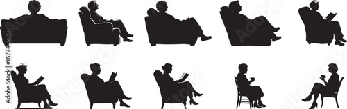 A senior woman sitting comfortably on a couch, watching TV, depicted in a full-length black silhouette.