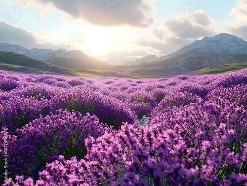 Vibrant lavender field with rolling hills and a serene sunset landscape