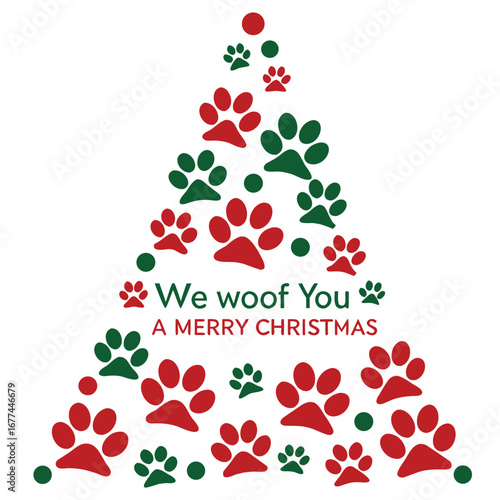 Christmas tree made of red and green dog paw prints and circles with text holiday